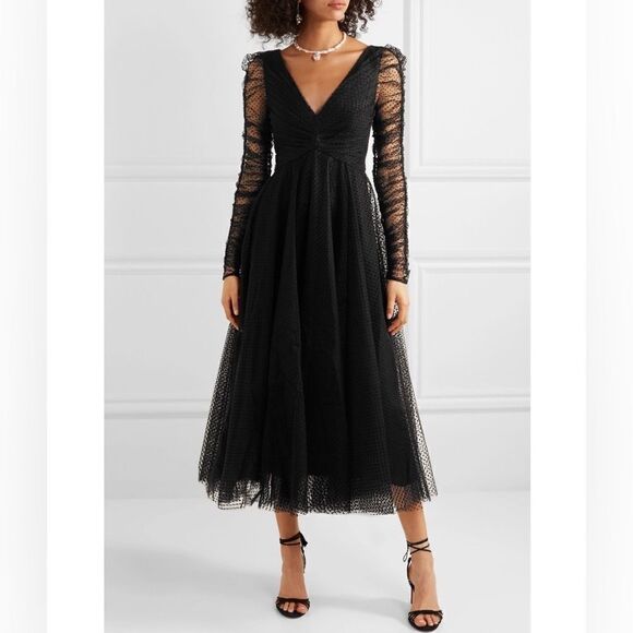 Zimmermann Charm Midi Black Dress Pleated Polka Dot Flocked Tulle Size S/M - Picture 3 of 12